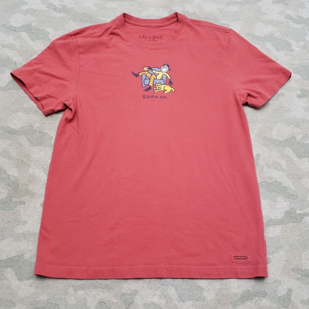 Life Is Good Shirt Mens Small Red Short Sleeve Vintage Game On Outdoors